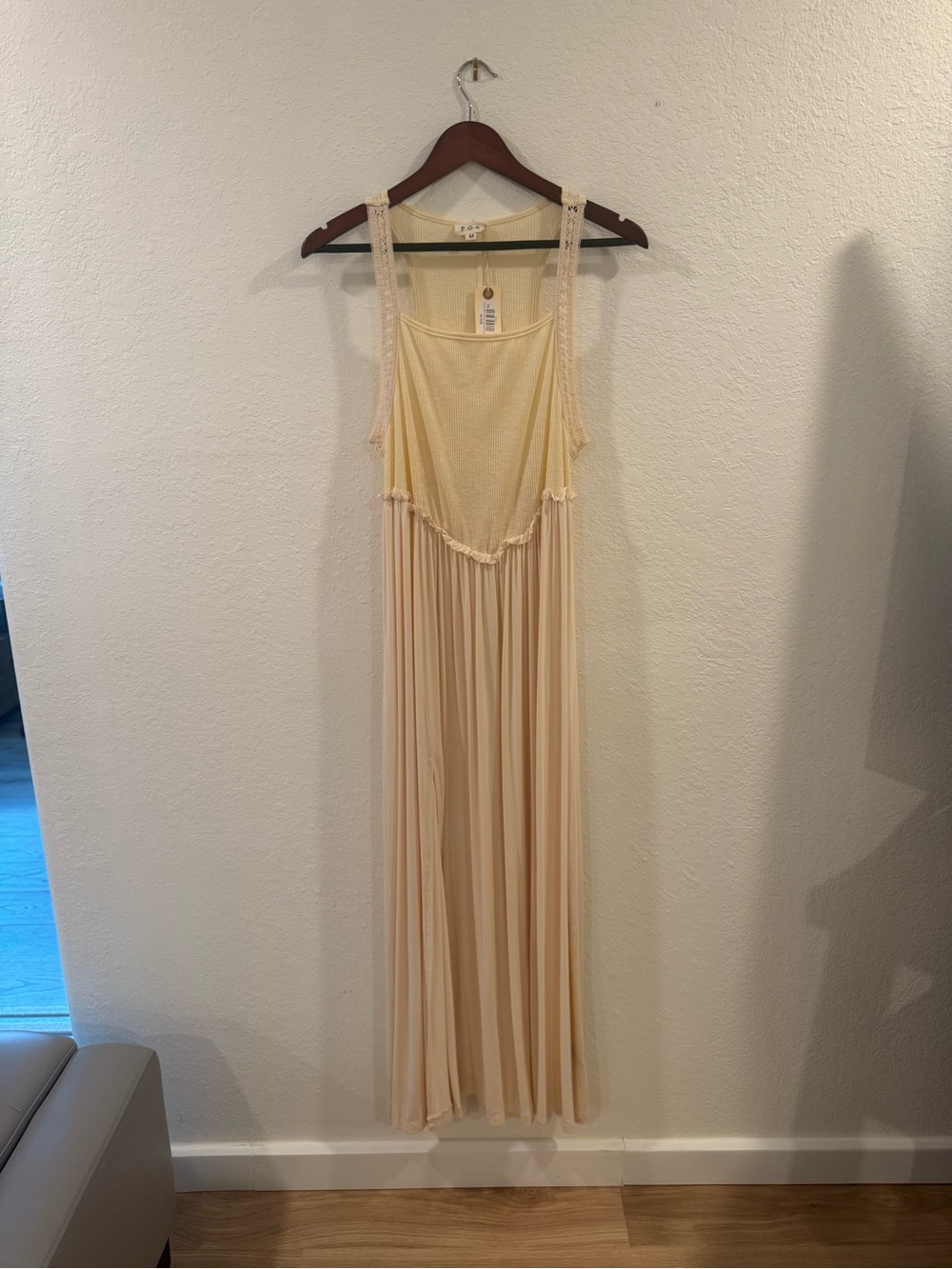 NWT POL Cream High Slit Maxi Dress M Sleeveless Ribbed